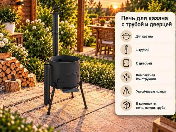 Печь для казана с трубой и дверцей